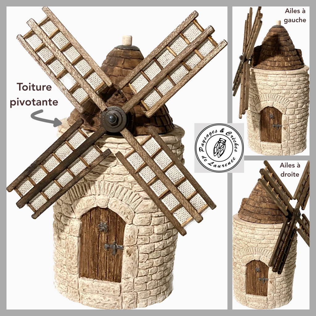 Moulin petit modèle avec toiture pivotante et voiles pour santons 5 cm Paysages et crèches de Laurence